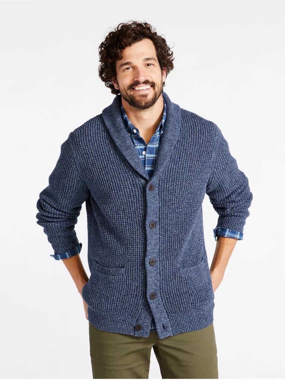 L.L. BEAN Men's Organic Cotton Waffle Sweater Cardigan in Vintage Indigo Size XL